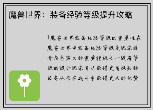魔兽世界：装备经验等级提升攻略