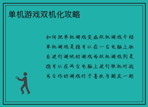 单机游戏双机化攻略
